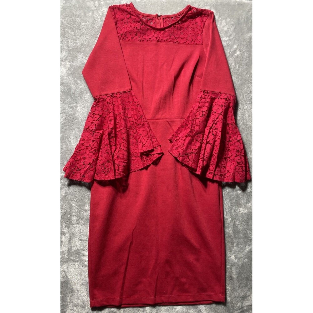 New York & Company Stretch Dress Red With Lace Flared Sleeves Women’s PM